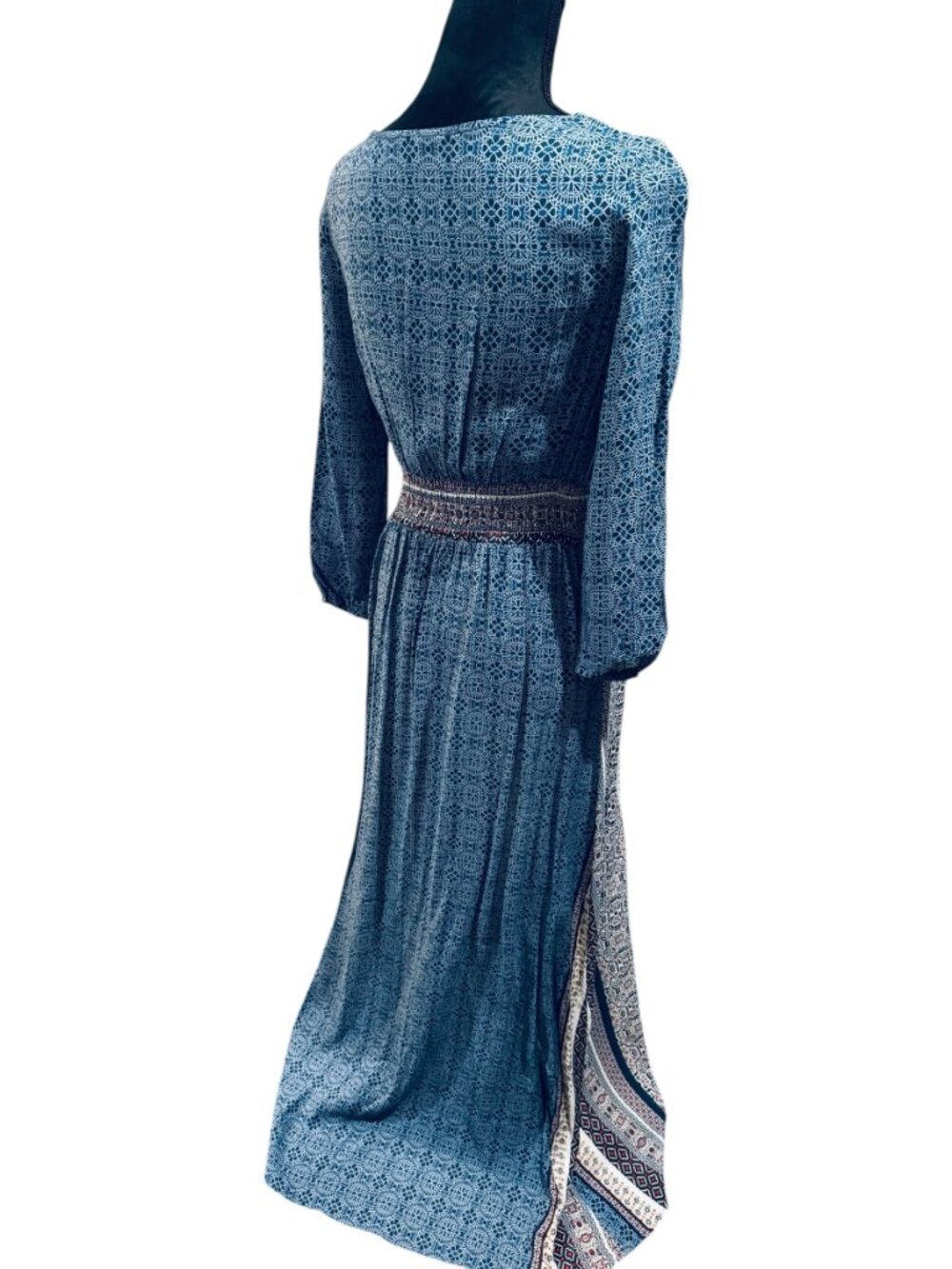 Summer Printed V-Neck, 3-Button Maxi/Beach Dress with Sleeves - Picture 2 of 3